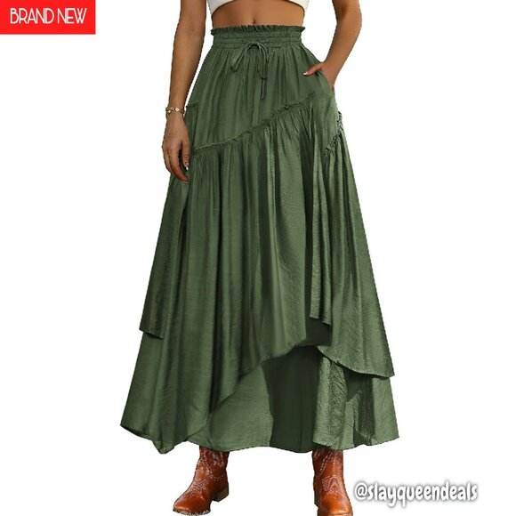 Renaissance Maxi Skirt with Pockets, A-Line Flowy Crepe Fabric, Plus Size - Picture 1 of 8